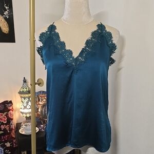 Cami NYC Teal 100% Silk Satin Camisole With Lace Trim